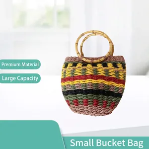 Fashionable colorful hand-woven bucket bag with circular bamboo handles for women