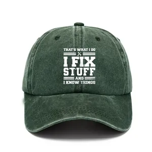 Vintage washed cotton dark green dad hat with humorous 'I Fix Stuff' slogan print