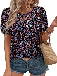 Casual floral print short sleeve T-shirt with keyhole neck for women fashion