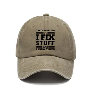 Distressed washed cotton dad hat featuring retro I Fix Stuff printed graphic design