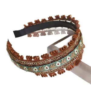 Serre-tête ethnique vintage brodé de fleurs avec bordure élégante en dentelle marron
