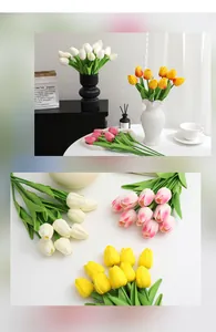 Detailed macro view of colorful PU artificial tulip bouquets for elegant home decoration.