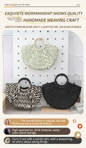 Macro view of three semi-circular straw woven handbags in green, beige, and black colors.