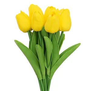 High-quality realistic yellow PU artificial tulips bouquet for home and wedding table decor