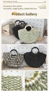 Detailed texture close-up of handmade woven semi-circle handbag in stylish mixed colors.