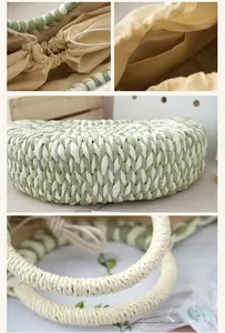 Detailed view of woven half-moon bag texture, drawstring closure, and interior pocket.