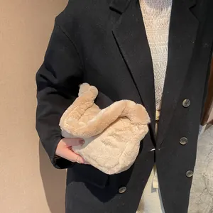 Fashionable beige fluffy plush shoulder bag for women, perfect for autumn and winter