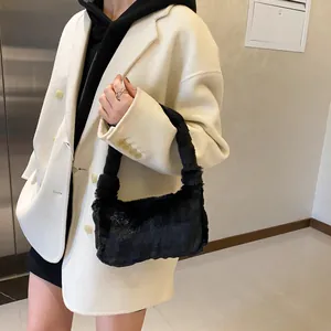 Chic black fuzzy faux fur underarm shoulder bag for women autumn winter fashion