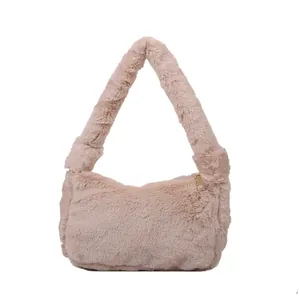 Stylish fuzzy faux fur underarm shoulder bag for women in soft beige plush material