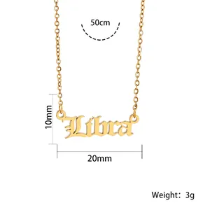 Gold Libra zodiac name necklace in stainless steel, 50cm chain, 3g weight.