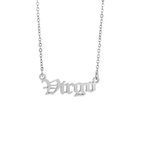 Close-up detail of Virgo zodiac nameplate pendant in a Gothic font silver necklace