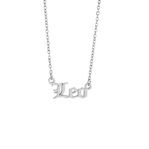 Detailed shot of a silver stainless steel Leo zodiac name necklace with O-link chain