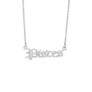 Detailed macro view of a stainless steel Pisces zodiac sign letter pendant on an O-chain.
