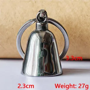 Minimalist polished silver motorcycle lucky bell keychain with dimension markings for riders