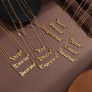 Gothic Zodiac Sign Letter Pendant Necklace Stainless Steel 18K Gold Silver Plated Constellation Name Necklace Minimalist Jewelry For Women Men