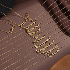 18K gold plated stainless steel zodiac necklaces set with Old English font pendants