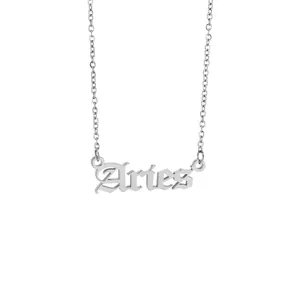 Silver stainless steel Aries zodiac sign necklace with gothic letter pendant