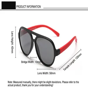 Detailed dimensions of children's polarized aviator sunglasses with UV400 protection.