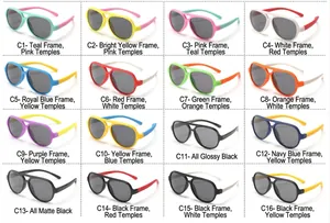Close-up of sixteen colorful children's aviator sunglasses in a grid layout