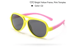 Children's polarized aviator sunglasses with bright yellow frames and pink temples