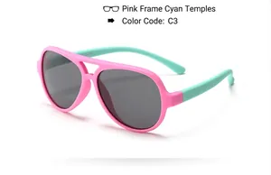 Detailed view of children's pink and mint green polarized aviator sunglasses with UV400.