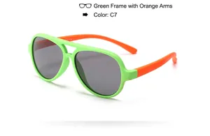 Kids polarized aviator sunglasses with green frame and orange temples, grey lens UV400.