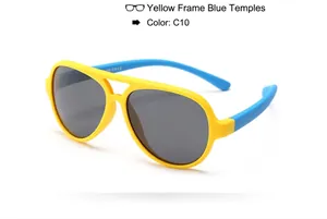 Detail shot of children's polarized aviator sunglasses with yellow and blue frames.