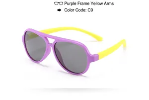 Durable children's polarized aviator sunglasses with purple frame and yellow temples