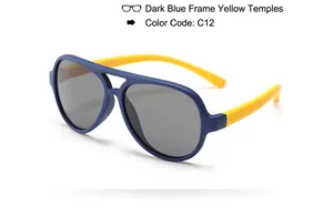 Detail of kids polarized aviator sunglasses with dark blue frame and yellow temples