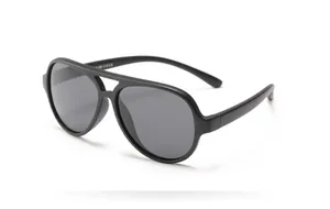 Detail view of children's matte black aviator sunglasses with UV400 eye protection