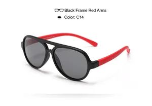 Children's aviator sunglasses with black frame and red temples featuring UV400 protection