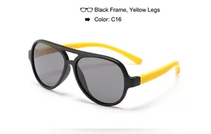 Professional kids aviator sunglasses with black frame and vibrant yellow temples