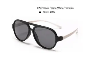 Detail view of children's polarized aviator sunglasses in black and white finish.