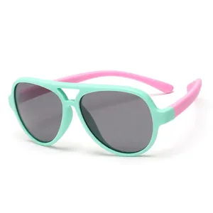 Stylish mint green and pink children's polarized aviator sunglasses with UV400 protection
