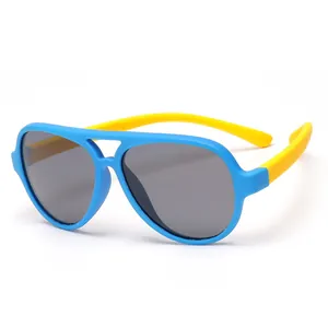 Children's aviator sunglasses with polarized UV400 lenses and blue-yellow frames.