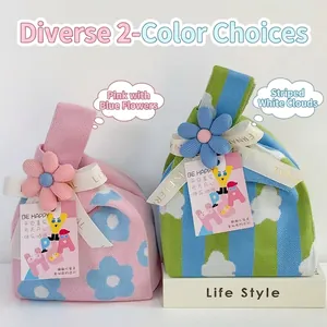 Close-up view of knitted gift handbags featuring floral and cloud patterns for special occasions