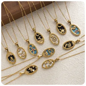 Vintage stainless steel tarot card pendant necklaces in gold finish with crystals.