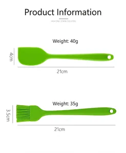 Green silicone spatula and oil brush set with detailed product dimensions and weight.