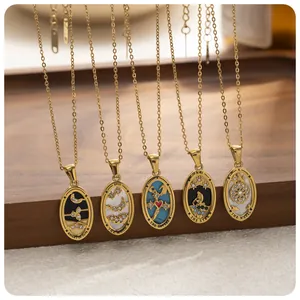 Vintage stainless steel gold-plated tarot card necklaces with mystical symbolic oval pendants