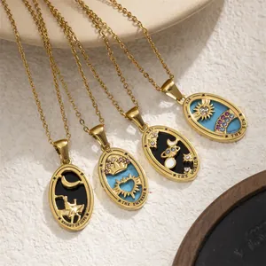 Close-up detail of vintage stainless steel tarot card pendant necklaces in gold