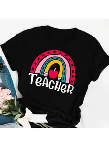 Detail of teacher-themed rainbow and pencil graphic print on black cotton T-shirt