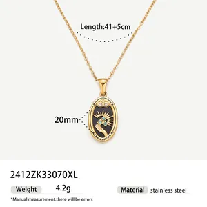 Detail of a vintage stainless steel Tarot The Magician pendant necklace with dimensions.