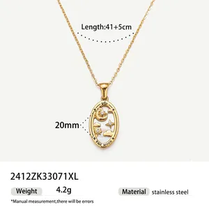 Detailed view of vintage tarot moon pendant necklace with measurements and material details
