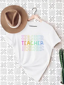 Creative colorful TEACHER typography print on a minimalist white women's casual T-shirt
