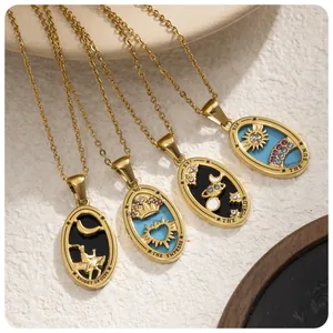 Vintage gold plated stainless steel tarot card pendant necklaces with enamel details