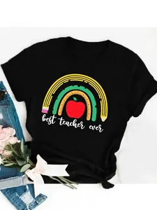 Black teacher t-shirt with best teacher ever rainbow pencil and apple graphic print