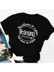Detail of black cotton T-shirt featuring 'Influence of a good Teacher' white graphic