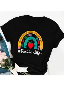 Detailed view of the teacher life graphic print on a black cotton short-sleeve t-shirt