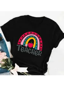 Detail of Teacher rainbow graphic print on black cotton t-shirt