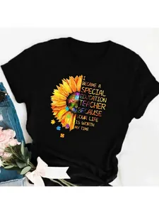 Close-up of Special Education Teacher t-shirt with sunflower and puzzle pieces